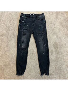 Zara Men’s black Skinny jeans with paint splatter and ripped detailing Sz 31
